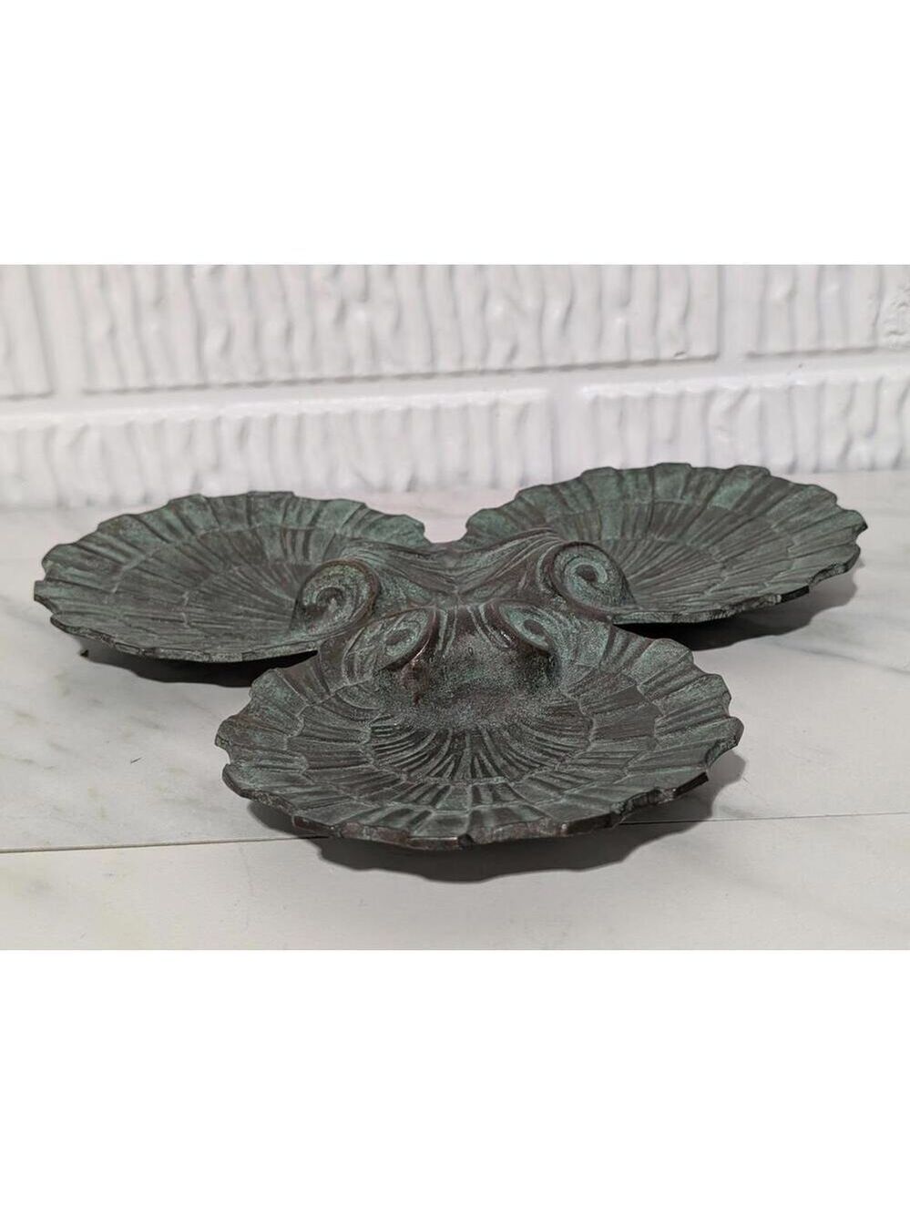 Decorative Triple Shell Shaped Brass Patina Plant Saucer Tray/Candy Dish
